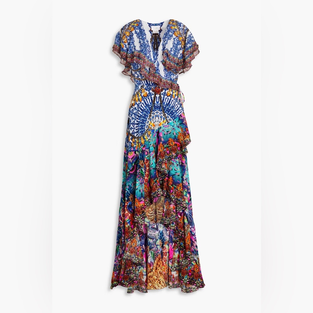 *HOST PICK* Women's Blue Ruffled Printed Silk Crepe De Chine Wrap Dress
